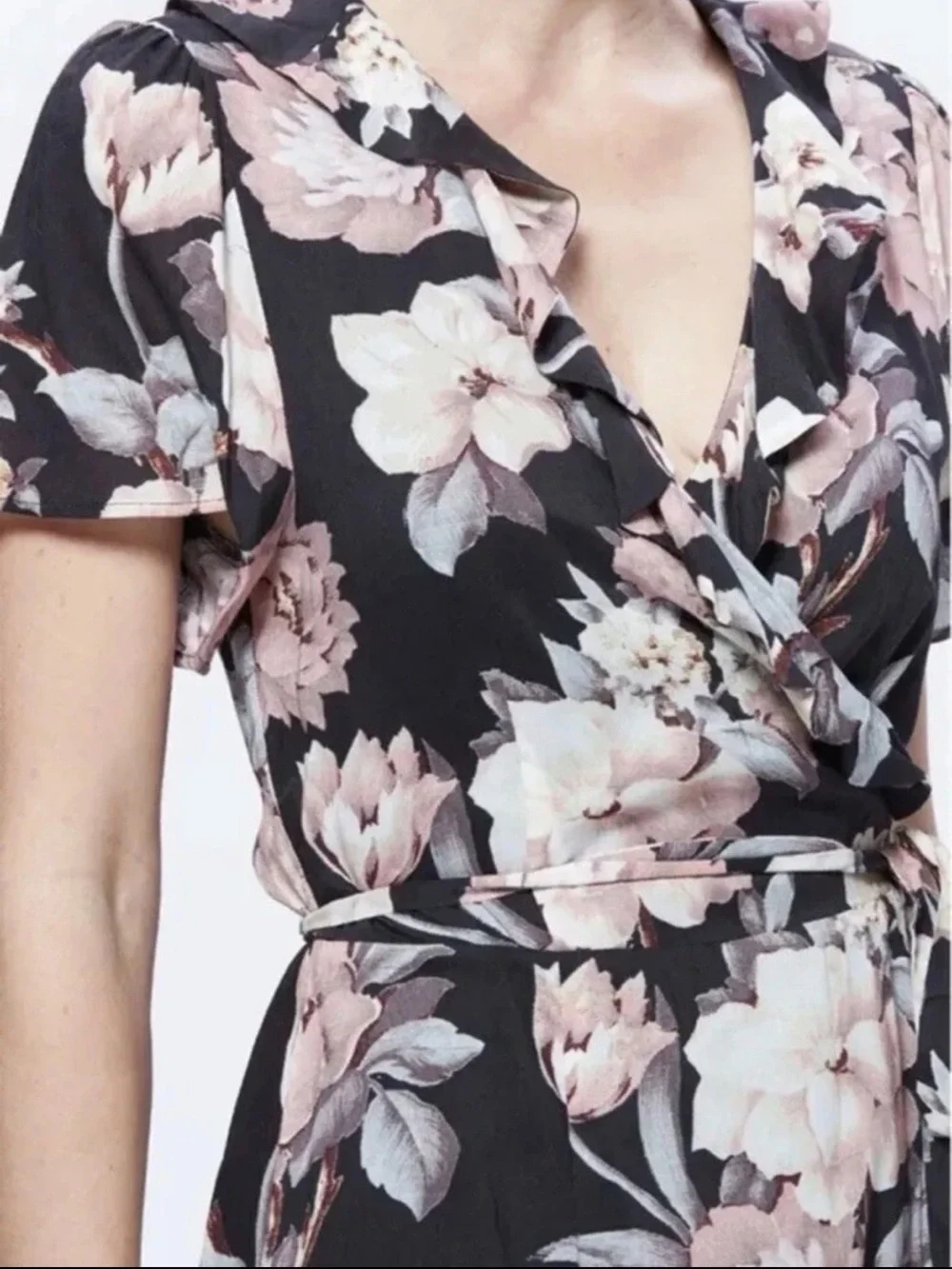 PAIGE Cardamom Floral Wrap Dress Black Evening Sand Ruffle Short Sleeve XS - Picture 3 of 15